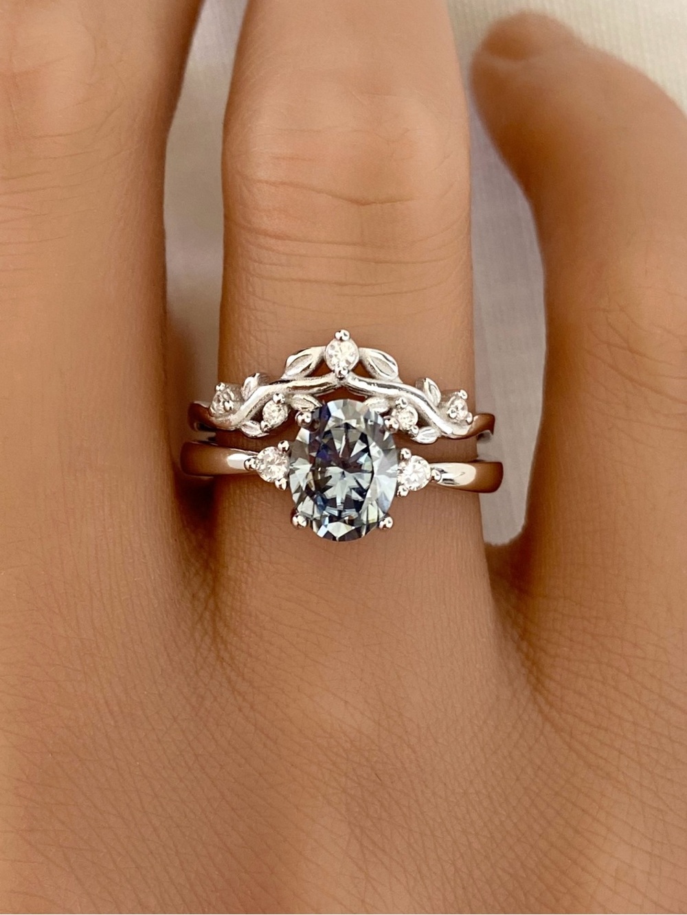 Oval Light Gray Blue Moissanite Diamond 2pc Floral Sterling Silver Ring Set